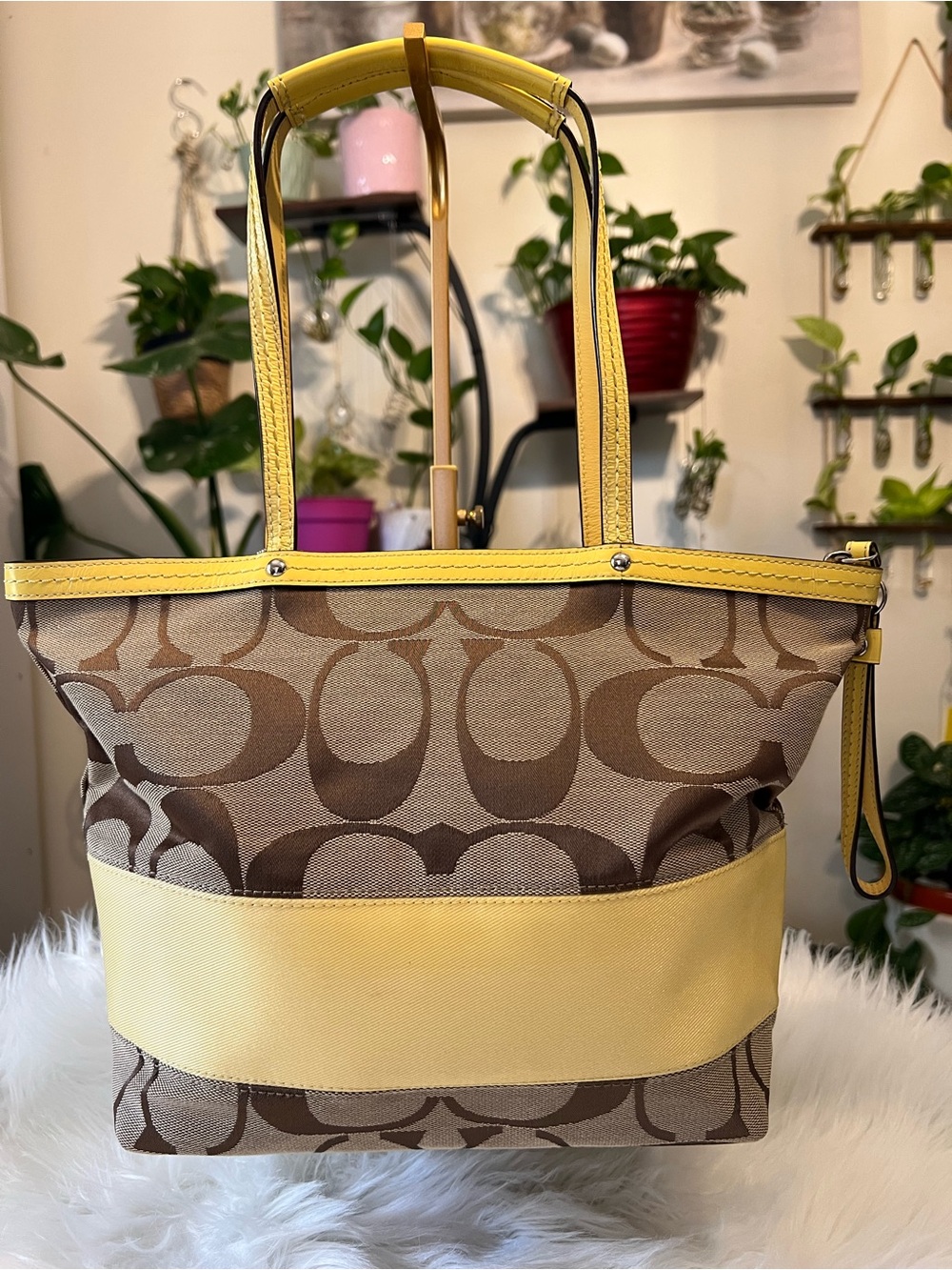 Coach Brown Signature Canvas Tote with Yellow Trim
